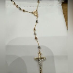 Elegant Gold and Silver Rosary Necklace